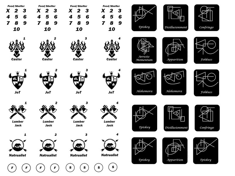 The production sheet: four sets of role tokens, durability meters, and the spell deck. Line work on solid black, because that is what the laser cutter could cut. Abstract card art by Divine Siam.
