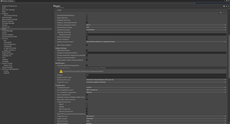 Player and rendering settings for the standalone Quest build.