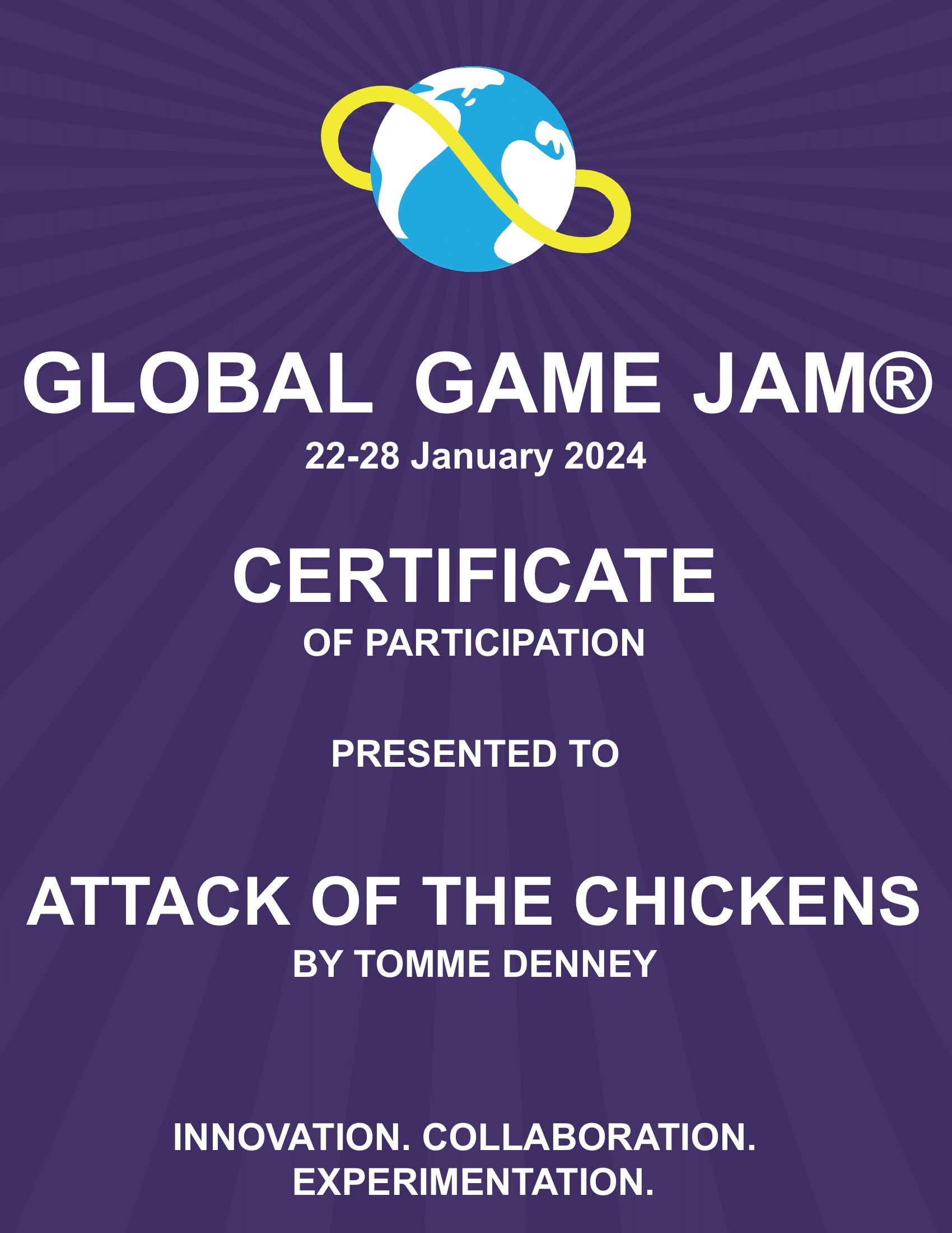 Global Game Jam 2024 certificate of participation for Attack of the Chickens, by Tomme Denney.