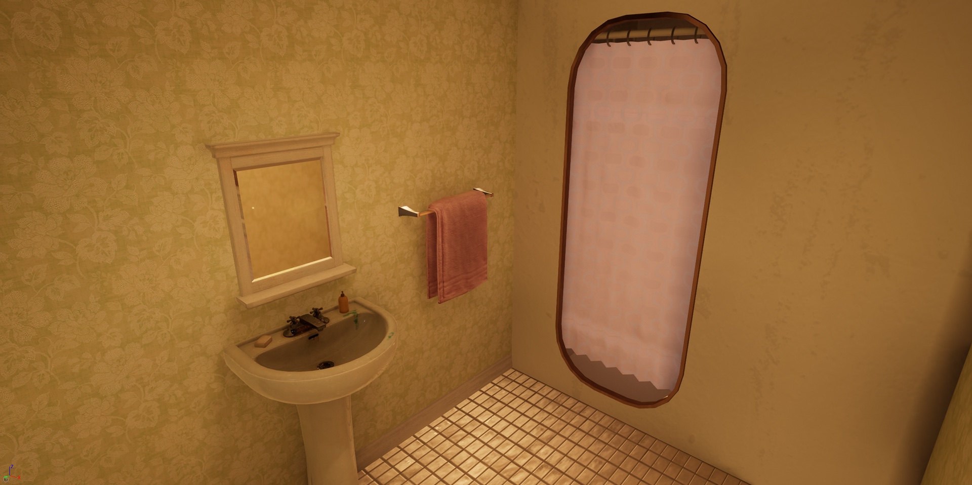 A small bathroom: pedestal sink, mirror, pink towel and an arched shower curtain.
